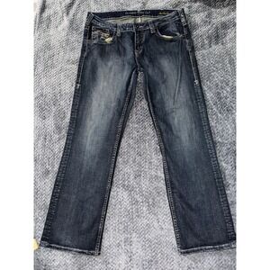 Cowgirl Tuff Women's Blue Denim Studded Barbed Wire Straight Leg Size 34